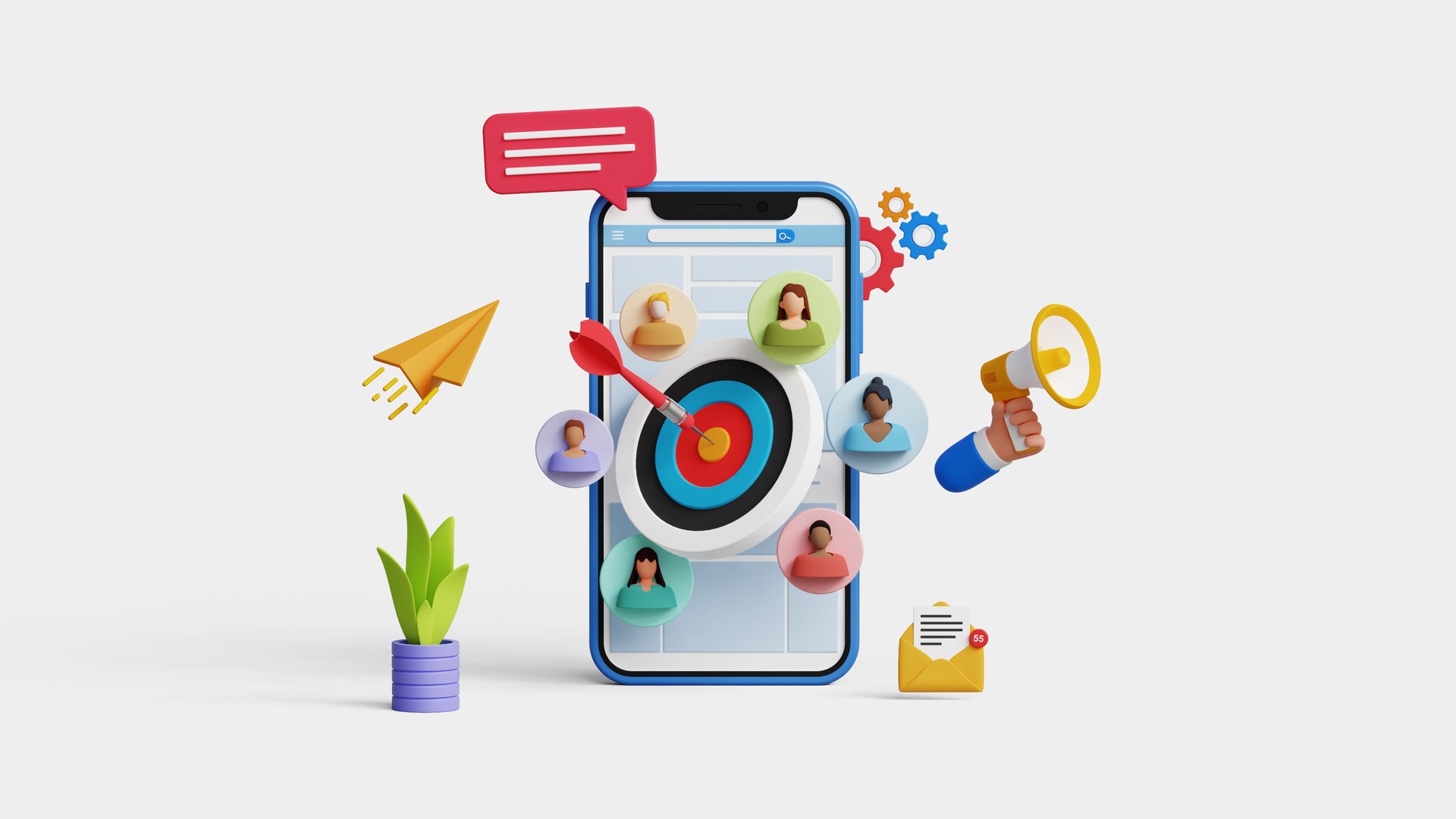 Target audience for advertising. Finding customer or client through social media campaign. Focus group research. 3D smartphone with targeted audience and marketing icons